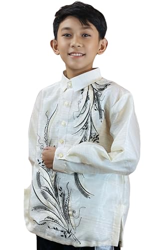 Filipino Handmade Barong Tagalog for Boys - Long Sleeve Ivory White Organza, Kids Formal Shirt, US Size2