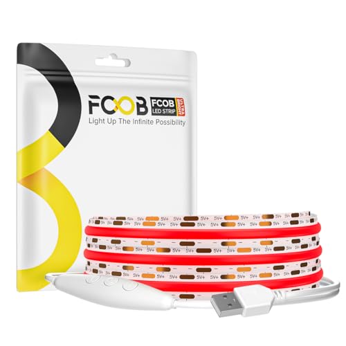 Image of 5V COB Red Led Strip Light 6.56FT USB Powered CRI90+ LED Tape Lights with Dimmer, 8mm Width Dimmable High Density Flexible Strips for TV Under Cabinet Bedroom