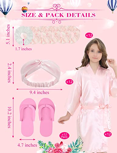 12 Pack Girls Kids Silky Satin Robe with Hair Band Slipper Hair Ring for Wedding Birthday Party Spa4