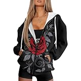 YECARYPOD Black Zip Up Hoodie Women Oversized Gothic Red Rose Teen Girls Y2K Hoodies Fall Jacket Streetwear Women's Casual Long Sleeve Hoodies Sweatshirts Drawstring Tops with Pockets