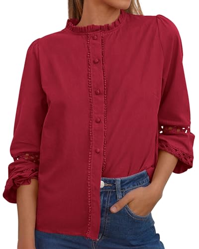 KIRUNDO Going Out Tops for Women 2026 Spring Fashion Boho Cotton Eyelet Long Sleeve Button Up Shirt Lace Dressy Casual Blouse(Dark Red, Large)