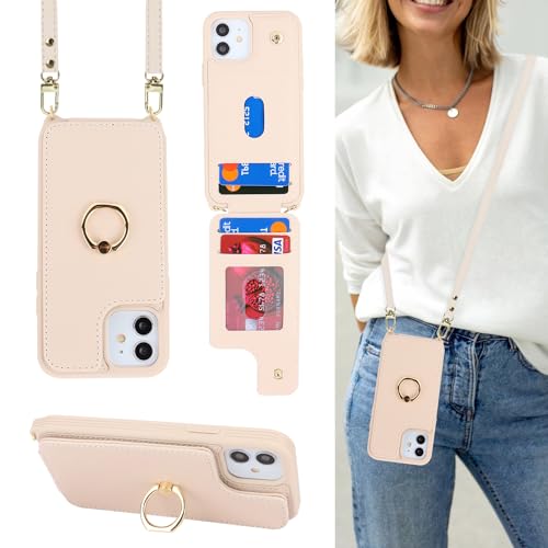 Image of for iPhone 11 Phone Case with Card Holder and Strap for Women,Crossbody Lanyard,Kickstand Ring Stand,Snap Clasp,Phone Wallet Cases 6.1 inch(Beige)