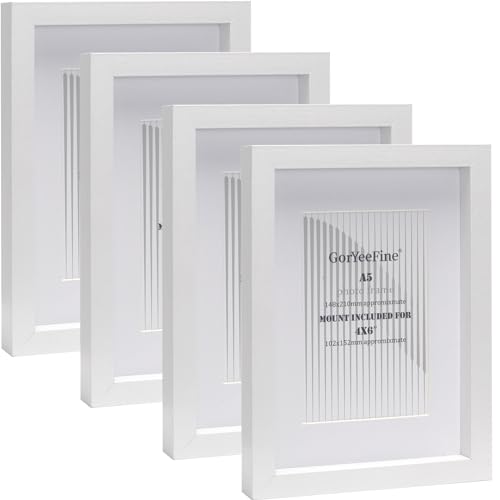 White A5 wooden Photo Frame Set of 4 with Mount for 4X6, Boxed Gallery Picture Frames A5 4Pack,4X6 inch 4Pack Oxford Modern Thin Picture Frame With Glass Window for Tabletop or Wallmounted