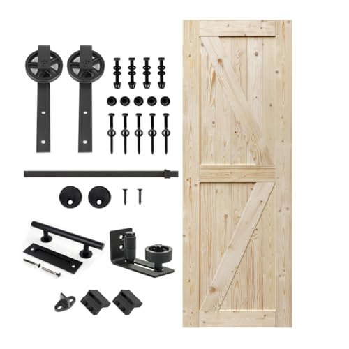 S&Z TOPHAND 32 in. x 84 in. Unfinished British Brace Knotty Barn Door with 6.6FT Sliding Hardware Kit/Solid Wood/Double Surfaces/A Simple Assembly is Required
