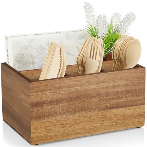 DRASTAR Utensil Caddy, Silverware Caddy for Party, Acacia Wood Silverware Holder, Silverware Organizer Countertop, Cutlery Storage Containers for Kitchen Table