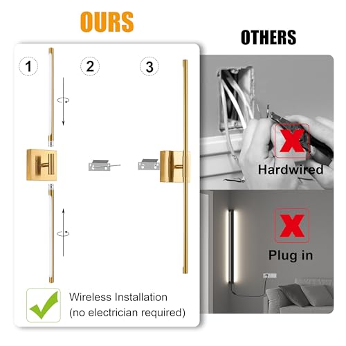 Image of 10000mAh Gold Battery Operated Wall Sconces Set of 2, 3 Color Dimmable Rechargeable Wall Light with Remote, 24 Inch Wireless Sconce Wall Lighting with Timer Function for Living Room, Bedroom, TV