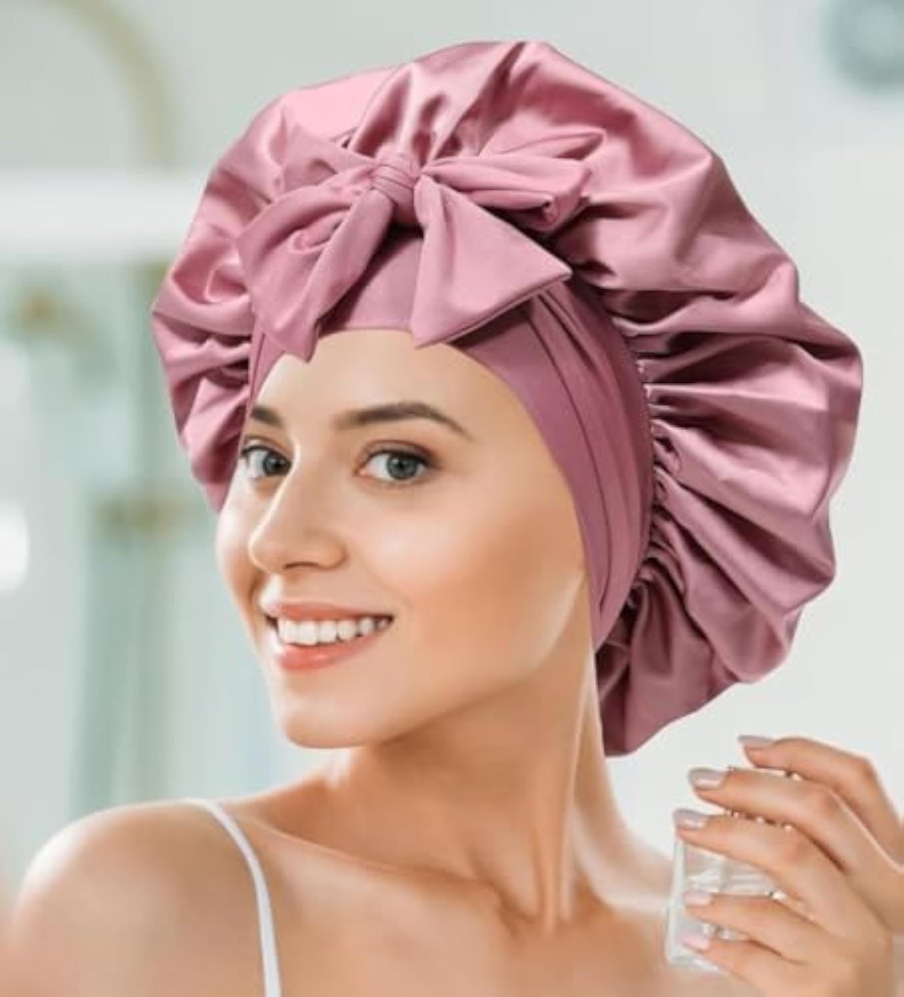 Satin Sleep Bonnet Cap with 3 Scrunchies, Adjustable Fit
