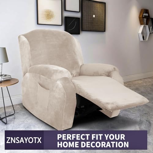 Image of ZNSAYOTX Stretch Velvet Recliner Cover 4-Pieces, Thick Soft Recliner Chair Slipcover with Pocket, Non-Slip Elastic Bottom for Kids Pets, Luxury Plush Reclining Protector Comfy Washable (Khaki)