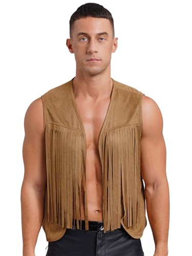 Jugaoge Men's Fringe Vest Waistcoat Open Front 70s Hippie Suede Tassel Jacket Western Cowboy Tops