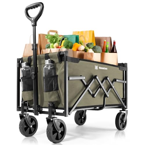 Navatiee Portable Foldable Collapsible Wagon with Wheels, 220lbs Weight Capacity Utility Grocery Shopping Cart, Lightweight Mini Folding Wagon for Outdoor, Khaki