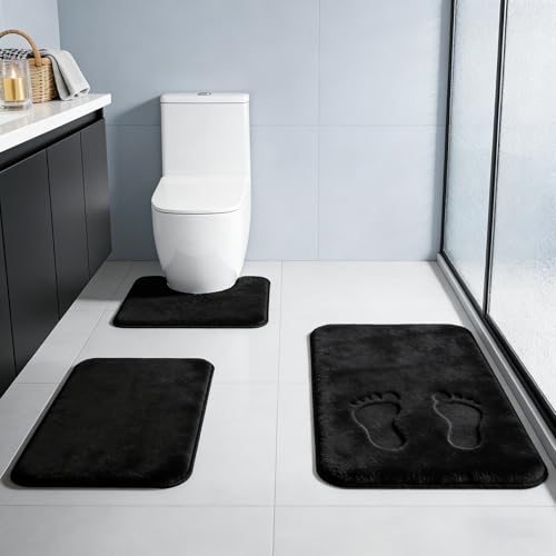 Black Bathroom Rug Set Memory Foam Bath Mats 3 Piece with Toilet Mats Soft & Supportive Shock Absorbing Water Absorbent Non-Slip Bath Rugs Machine Washable Area Rug Home Decor Accessories