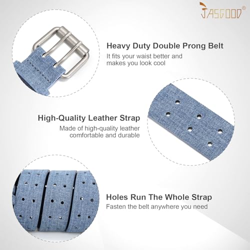 Image of JASGOOD Men Double Prong PU Leather Belt Casual Work Heavy Duty Belt Double Grommet Holes Belt for Jeans
