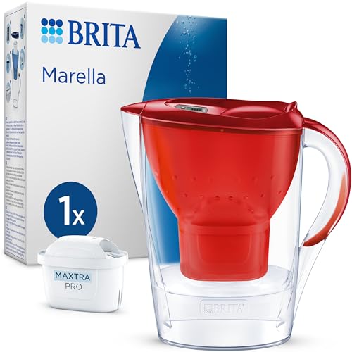 BRITA Wasserfilter-Kanne Marella rot (2,4l) inkl. 1x MAXTRA PRO Pure Performance Kartusche – Kühlschrankgeeignete Filterkanne mit BRITA Memo, Klapp-Deckel, filtert Verunreinigungen