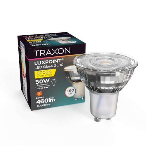 TRAXON LUXPOINT® Bombilla LED GU10 Cristal 6W equivalente a 50W, 460Lm Ángulo de Haz 36° Bajo Consumo, No Regulable (6W 2700K 36°, Pack 5 und)