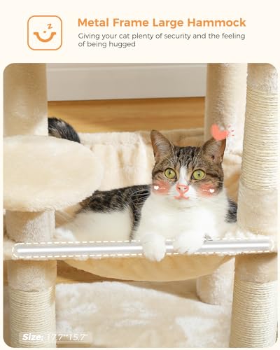 Image of MUTTROS Cat Tree for Indoor Cats, 45.7 inch Multi-Level Cat Tower with Large Metal Frame Hammock, Cat Condo with 4 Scratching Posts and Top Perch for Small Medium Cat, Beige