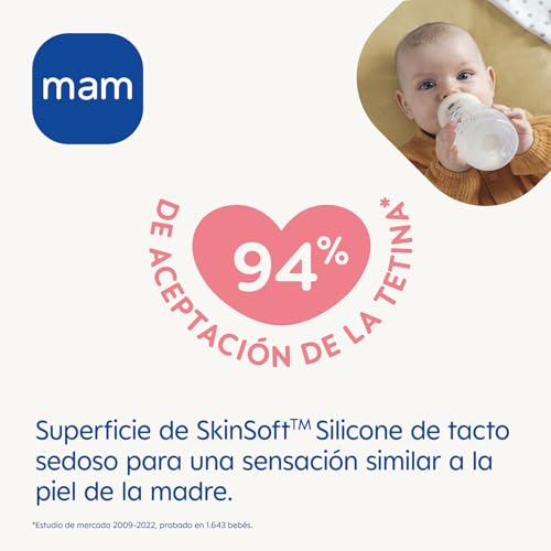 MAM Embalagem de 2 bibões, a partir de 4 meses, 330 ml, com Tetina 3 de fluxo rápido de silicone de fácil aceitação, fácil de segurar, fácil de limpar, MAM Easy Active, azul brilhante, pack de 2