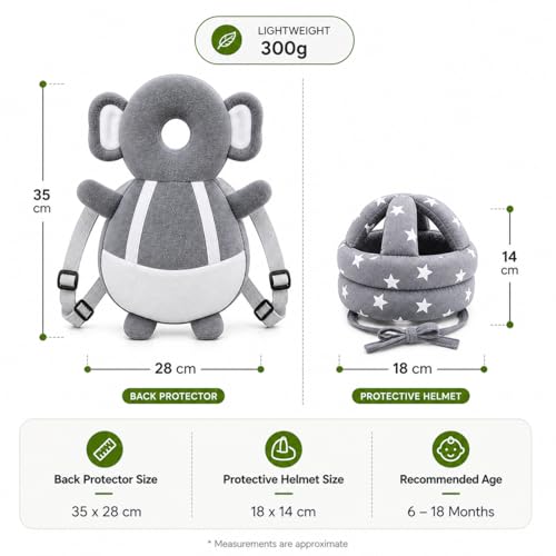 Image of GLUN Baby Back Protector with Head Protective Hat Combo Set, Cute Elephant Shape Soft Cushioning, Adjustable Shoulder Belt, Head Protection Gear for 6-18 Month Toddler Kids