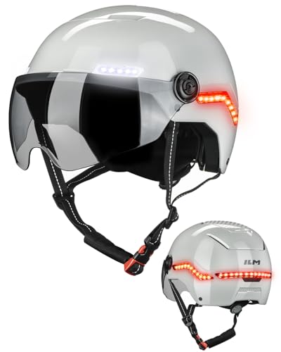 ILM Casque Velo Homme Femme Trotinette Electrique Adulte avec Visiere Lumiere LED Clignotant & Feu Stop Homologué NTA-8776, CPSC, CE Modèle MB101L,Beige...