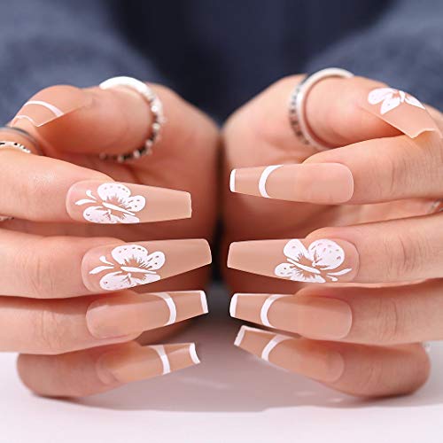 Outyua Matte Butterfly Extra Long Press on Nails Nude Coffin Fake Nails French Cute False Nails Nallerina Full Cover Acrylic Nails for Women and Girls 24Pcs