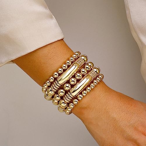 14K Gold Plated Bangles Bracelet for Women Chunky Curved Stacking Plated Bead Ball Stretchable Bracelets 5