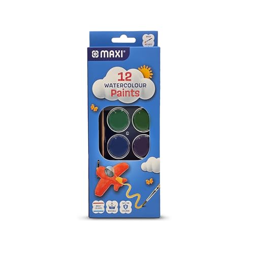 Maxi Watercolor Paint Set 12 Colors 28mm Non toxic Washable Watercolor Palette with 1 Paint Brushes for Artists Kids & Adults Art & Craft Supplies