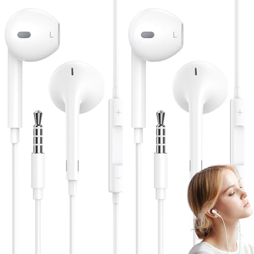 Paquete de 2 auriculares con cable, auriculares intrauditivos de 3.5 mm, auriculares con cable con micrófono y control de volumen para teléfono, con iPhone, iPadPro, Samsung, Android, MP3, tabletas