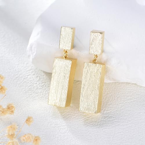 Gold Statement Earrings for Women Chunky Geometric Dangle Drop Earrings 14K Gold Hexagon or Rectangle Sculptural Brushed Matte Hypoallergenic Jewelry Gift4