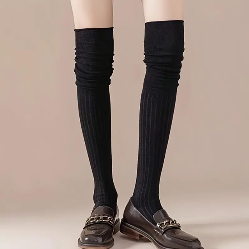 4 Pairs of Women's New Spring And Autumn Slimming Knee-high Heel Socks, Solid Color Loose High Top Socks4