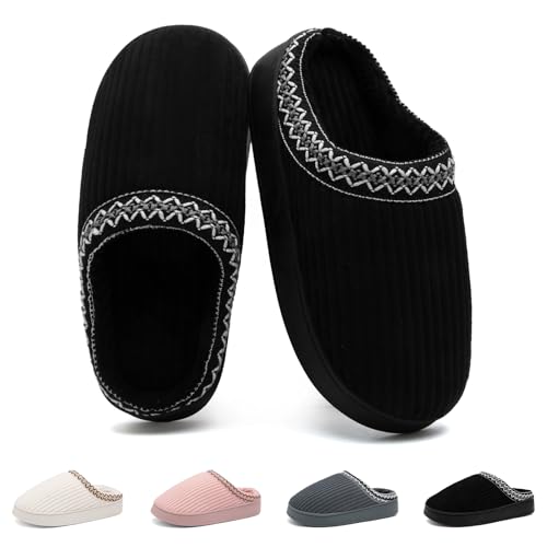 Image of Slippers for Women&Men with Memory Foam Corduroy Closed Toe House Shoes Ladies Winter Warm Comfy Bedroom Women's Slipper Indoor and Outdoor Slip-on Rubber Sole