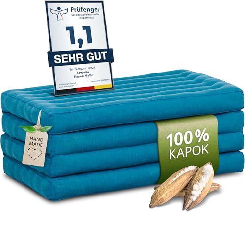livasia Nachhaltige Klappmatratze aus Kapok - 200x80x8cm - Gästematratze, Faltbare Matratze einfarbig, ökologische Yogamatte, klappbares Gästebett, Liege Garten Balkon (Hellblau Uni)