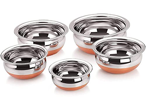 Ksjone Indian Serving Handi 5 Pcs. Set - Copper Bottom 500Ml, 750Ml, 900Ml, 1400 Ml, 1900 Ml. Stainless Steel Cooking Pot Biryani Punjabi Kitchen Serving, Bowl (5-Pieces) #TOP2