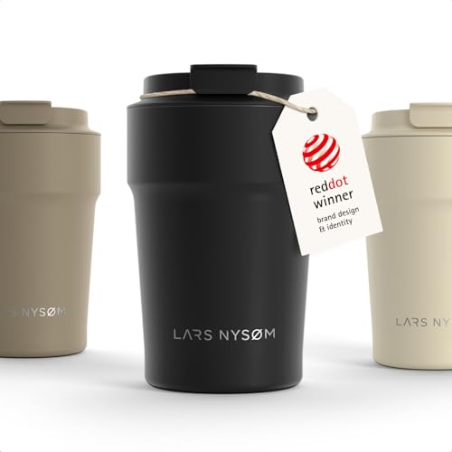 Image of LARS NYSOM Thermo Coffee Mug to go 13oz | Travel Mug 0.38 Liter with Insulation | Silicone grip base | Leak Proof Stainless Steel Tumbler for Coffee and Tea on the Go (Powder Black, 13oz)