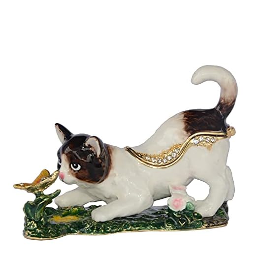 JUANLI Svart/Vit Katt Spela Butterfly Smycken Box Katt Finnes Butterfly Trinket Box Collectible Statyer Figurines Presenter (Color : White)