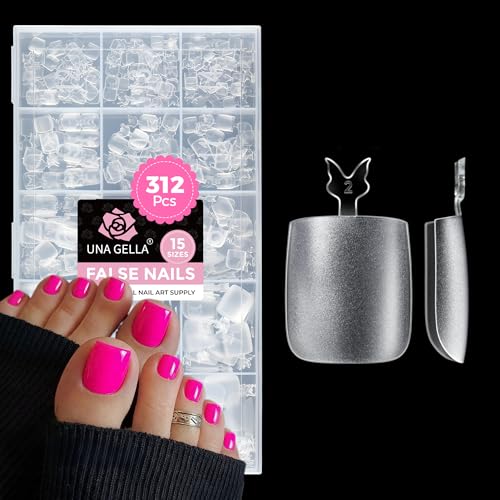 Image of UNA GELLA Square Toe Nail Tips 312Pcs 15Sizes, Full Cover Soft Gel Toes Nail Tip Pre-etched Fake Acrylic Toe Nail Press Ons For Big Toes Nail Extensions Pedicure Home DIY Salon *Tips Only No Tools*