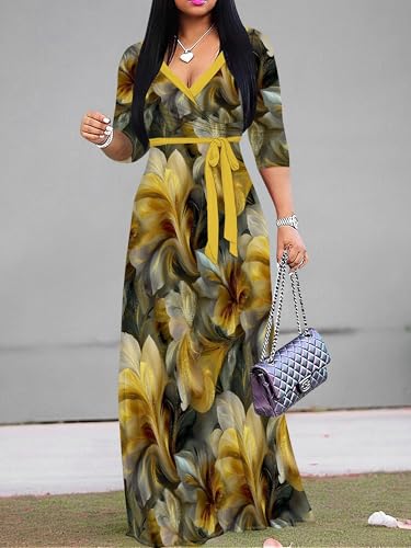 Image of PinkPatty Women's Long Sleeve Maxi Dress Plus Size Trendy Wedding Guest Wrap Dress with Pockets&Belt