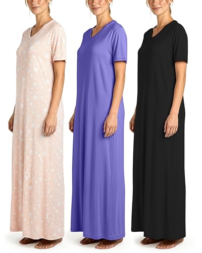 Image of Real Essentials 3 Pack: Women's Soft Maxi Long Nightshirt Short Sleeve Soft Nightgown Sleep Dress (Available in Plus Size)