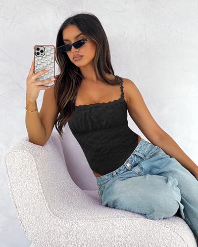 Saslax Women's Sexy Square Neck Lace Sleeveless Bodysuit Tank Tops Double Lined Body Suit Thong Outfits