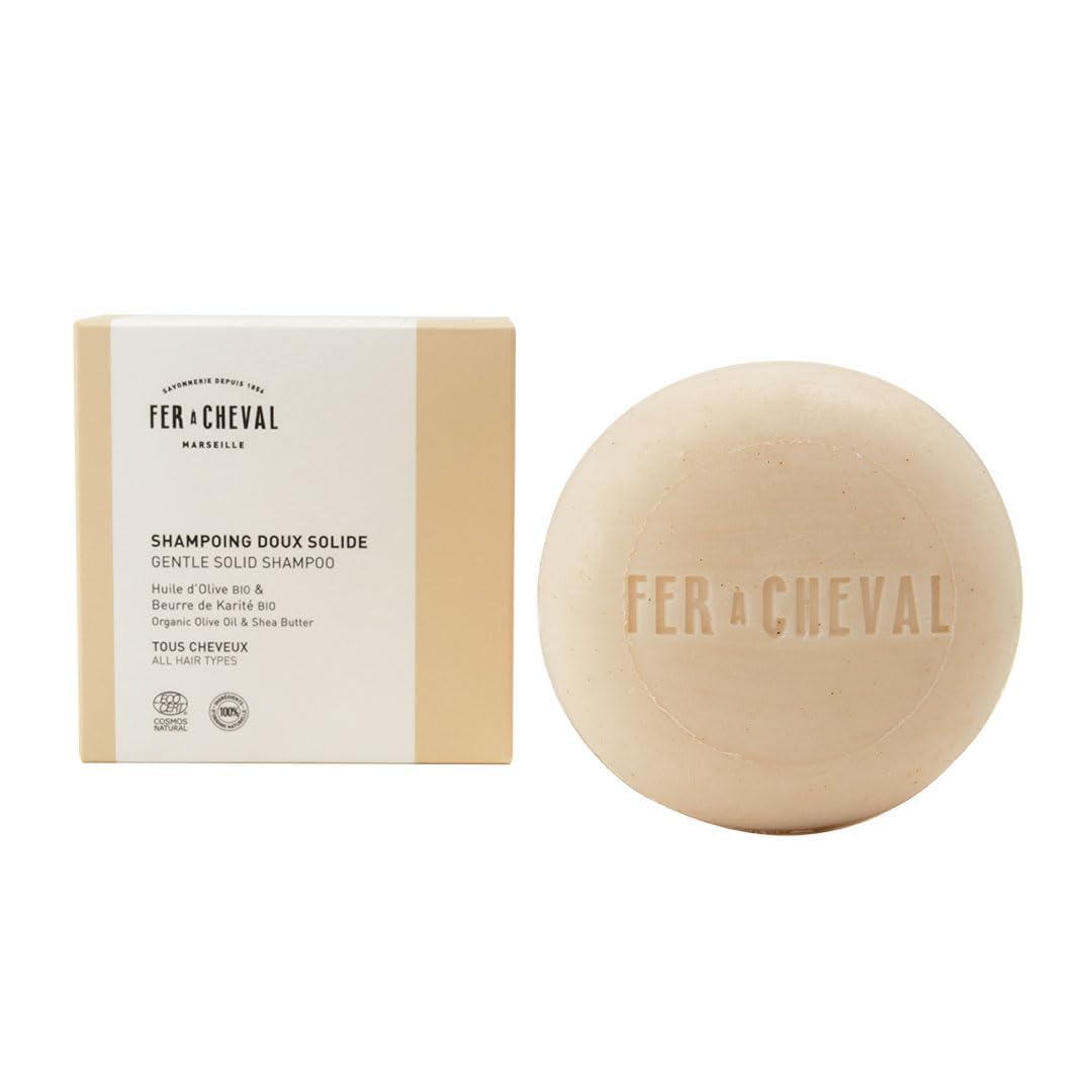 Fer à Cheval Gentle Solid Shampoo 100 gram/3.53 ounce - Organic Olive Oil & Shea Butter, Natural Scent of Oat Milk, Silicone-Free, COSMOS Certified, All Hair Types