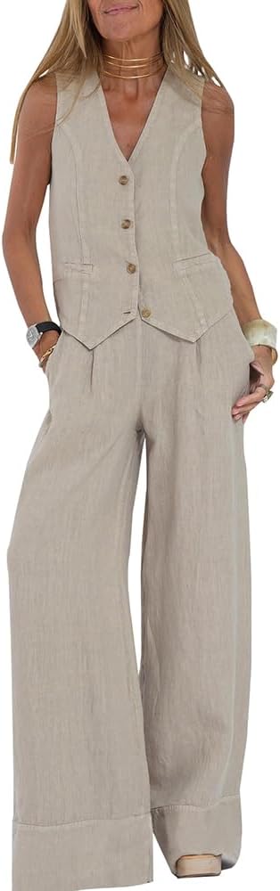 Linen Set for Women 2 Piece Vest and Pants Sets V Neck Button Down Tops Wide Leg Pants Suits Casual with Pockets
