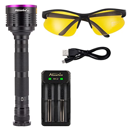 Alonefire Sv44 20W 365Nm Uv Flashlight Usb Rechargeable Ultraviolet Black Light Pet Urine Detector For Resin Curing, Fishing, Scorpion, Dry Glue With Uv Protective Glasses, Battery Included, Charger #TOP6