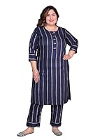 Angiya Women Plus Size Navy Blue Striped Kurta with Palazzo(L)