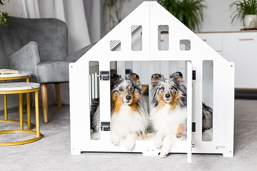 Pet World Design Hundehütte aus Holz, Hundekäfig Verschließbar, Tierhaus, Hundelaufstall, Hundehaus, Haustierbox, Hund, Katze, Indoor, Weiß