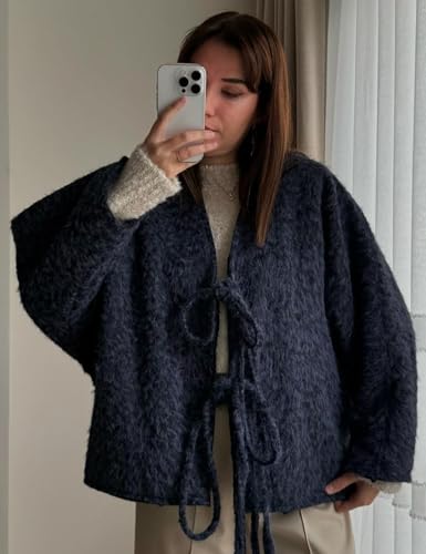 Wyeysyt Womens Fuzzy Tie Front Jacket Oversized V Neck Long Sleeve Causal Coat Bow Furry Jacket Outerwear4