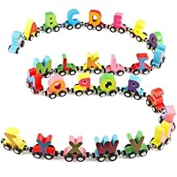 Wondertoys 27 PCS Wooden Train Set Magnetic Train Cars Alphabets Set with 1 Engine Toy Train Sets for Kids