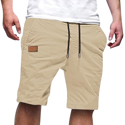 Image of Mens Casual Shorts Cotton Drawstring Summer Beach Stretch Hiking Golf Short Solid Color Joggers Shorts Pockets