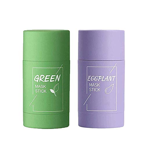 2PCS Green Tea Purifying Clay Stick Deep Cleansing Mask Oil Control Anti-Acne Aubergine Fine Solid, Acne Cleansing Solid Mask Green Tea Blackhead Remover Face Mask Pores Shrink (Green tea + eggplant)