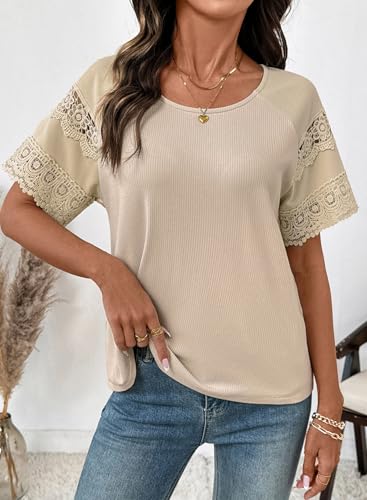 Image of EVALESS Womens Summer Tops Dressy Casual Spring Ribbed Texture Embroidery Short Sleeve Crewneck T Shirts