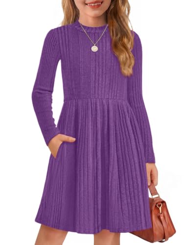 Image of Arshiner Girls Dresses Long Sleeve A Line Knit Sweater Dress with Pockets