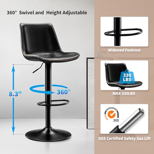 Modern X-Large Bar Stool with Microfiber Leather Seat - Height Adjustable, Ergonomic Heavy Duty Counter & Bar Chair Set of 2 Black