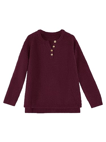 Image of rrhss Girls Waffle Knit Sweaters Trendy Henley Button V Neck Long Sleeve Pullover Jumper Tops
